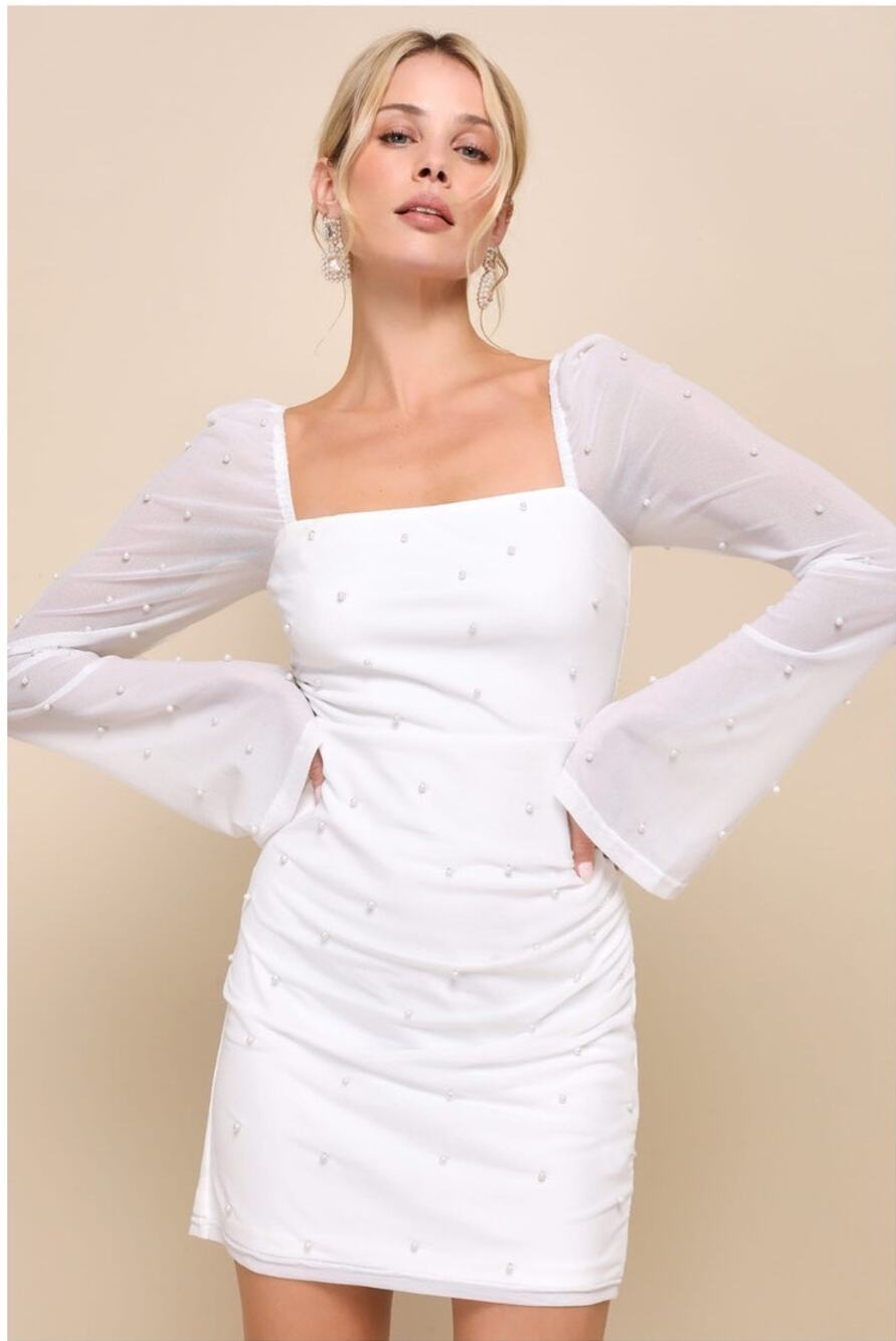 Lulus Flirty Luxury Ivory Mesh Pearl Long Sleeve Mini Dress Bridal Size XS